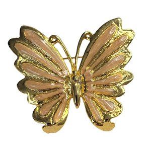 AAI Peach Enamel Butterfly Brooch Pin Gold Tone Iridescent Vintage 1 3/4"